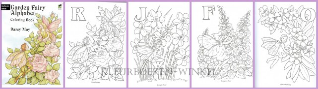 DZ 33 garden fairy alphabet, kleurboek feeëriek. 26 pagina’s, 3 voorbeelden