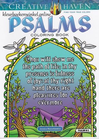 kleurboek psalms Op iedere plaat in dit kleurboek staat een psalm afgebeeld (engels). Elk vers wordt omringd door patronen afkomstig uit de natuur, bloemmotieven of paradijselijke afbeeldingen waardoor de psalmen nog meer benadrukt worden. Betekenisvolle ontspanning met dit kleurboek.